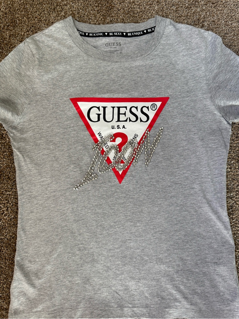 GUESS Gray Tee with Red Triangle Logo and Rhinestone Script - Picture 2 of 7